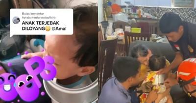 Viral, Damkar Selamatkan Balita Terjebak Loyang